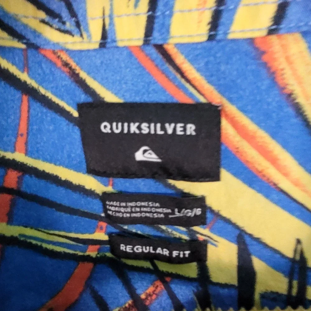 Quiksiver Hawaiian Shirt Men's Large Blue Yellow Floral Leaf Short Sleeve Button